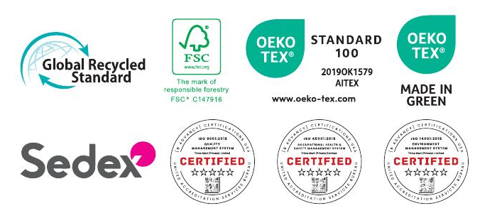 Certification marks shown in the Trims Mart profile: Global Recycled Standard, FSC, OEKO-TEX Standard 100, OEKO-TEX Made in Green, Sedex, and ISO 9001, 45001, 14001 certified badges