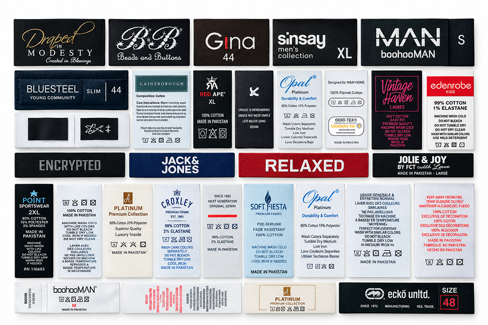 Label samples and production from Trims Mart